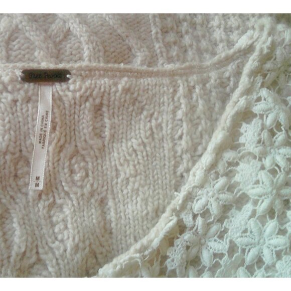 Free People Cream Lace Neckline Cabled Cropped Sweater M - Picture 10 of 11